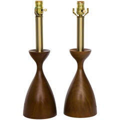 Pair Of Walnut & Brass Table Lamps By Laurel