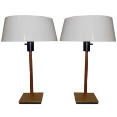 Pair of Walnut and Brass Lamps by Gerald Thurston