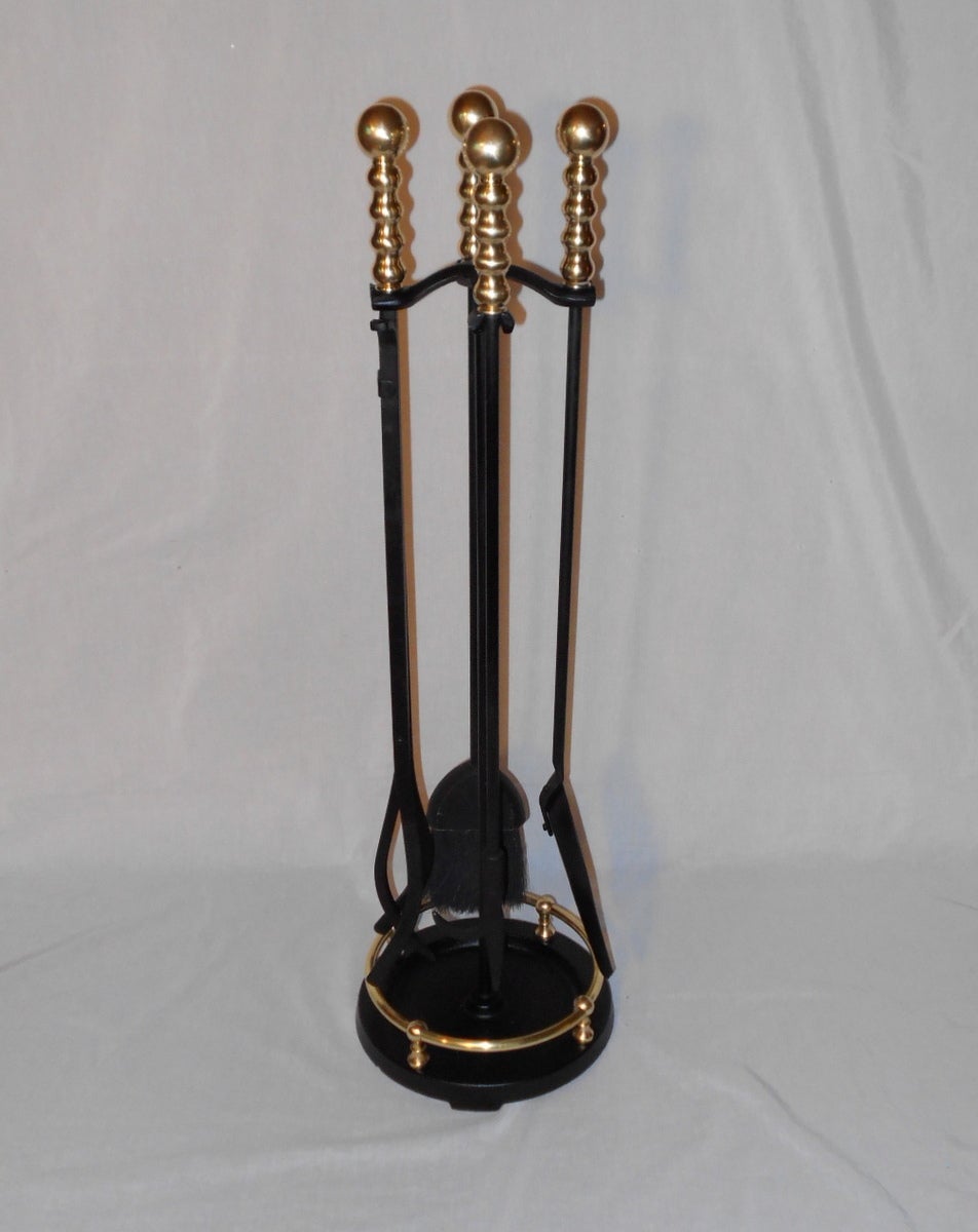 Mid Century Pilgrim Brass and Iron Fireplace Tool Set at