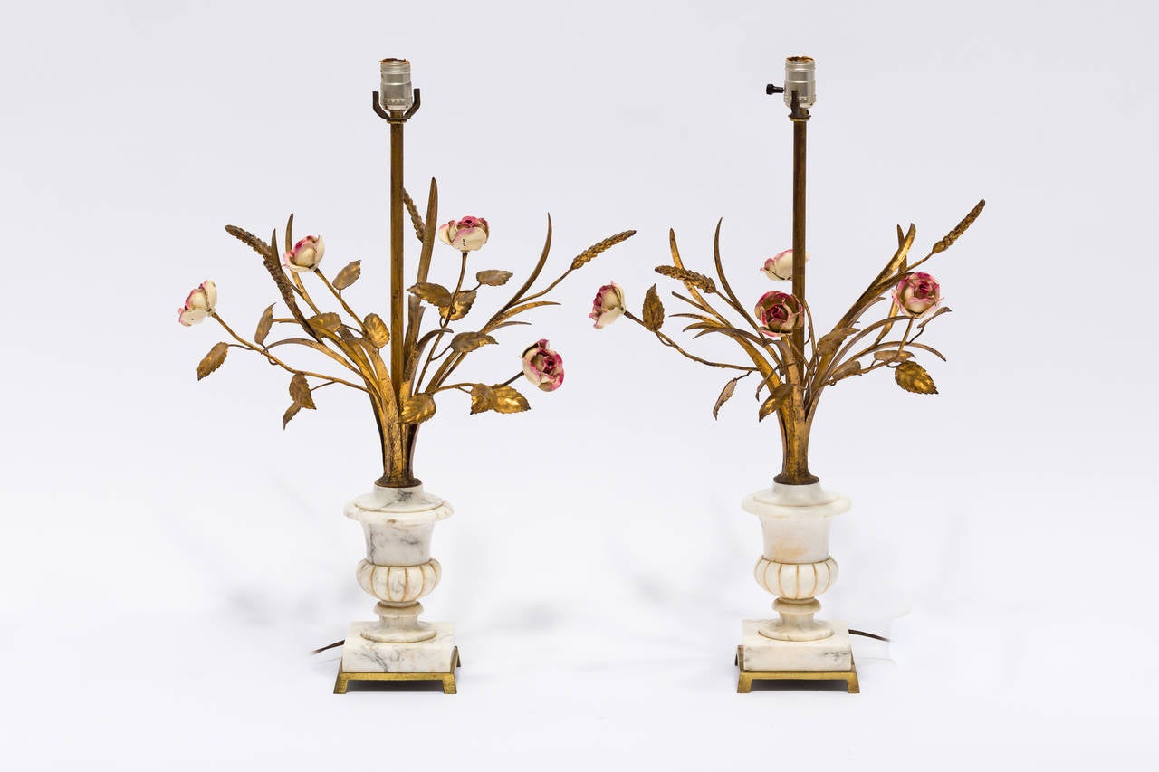 Pair of Italian Marble Urn and Gilded Metal Floral Lamps