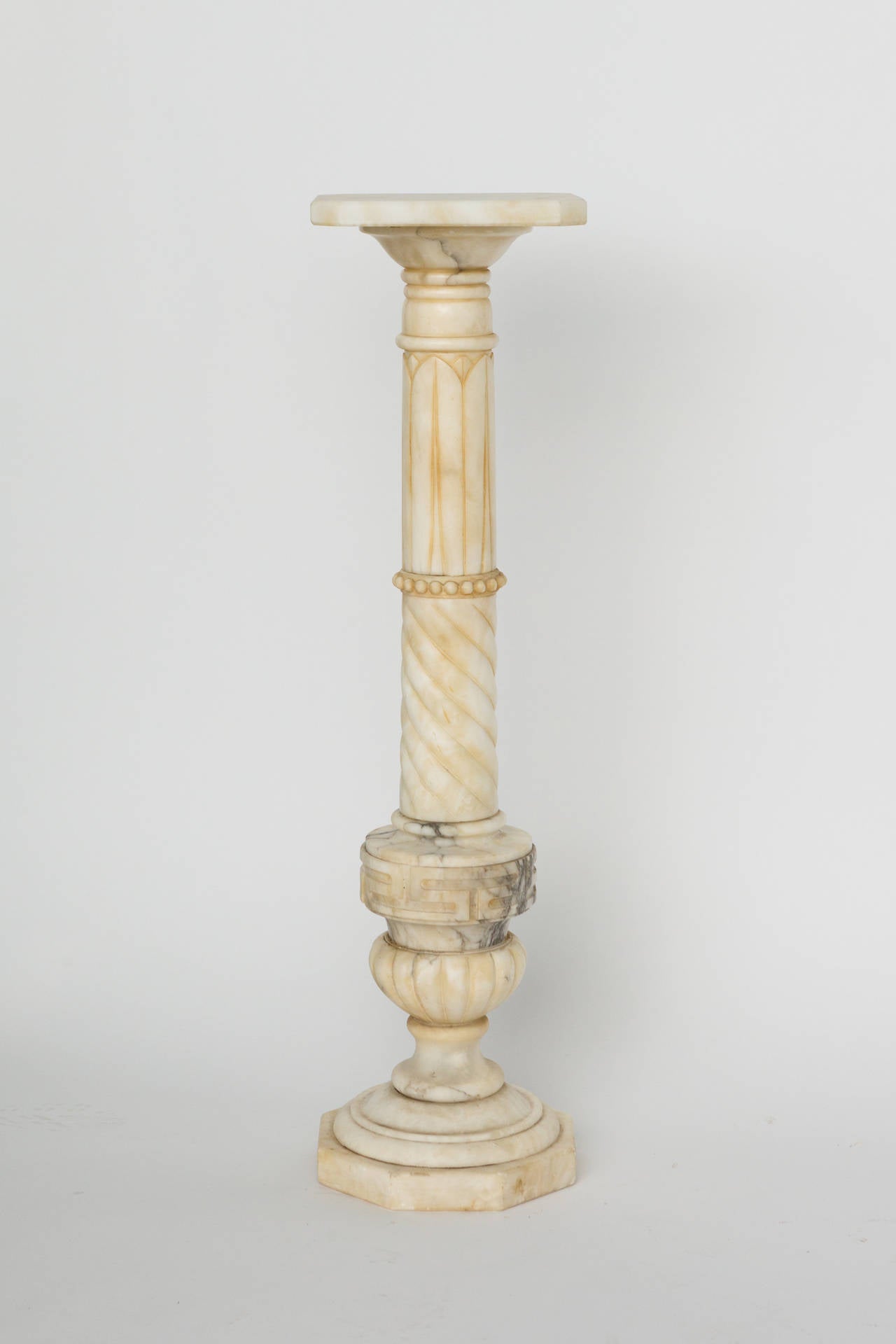 1940's Italian carved white marble Greek Key pedestal.