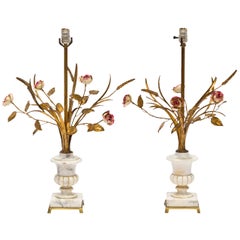 Pair of Italian Marble Urn and Gilded Metal Floral Lamps
