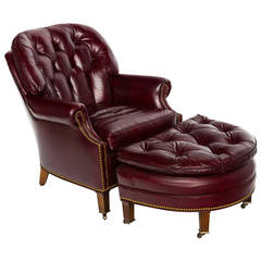 Chaise longue et pouf en cuir rouge touffeté
