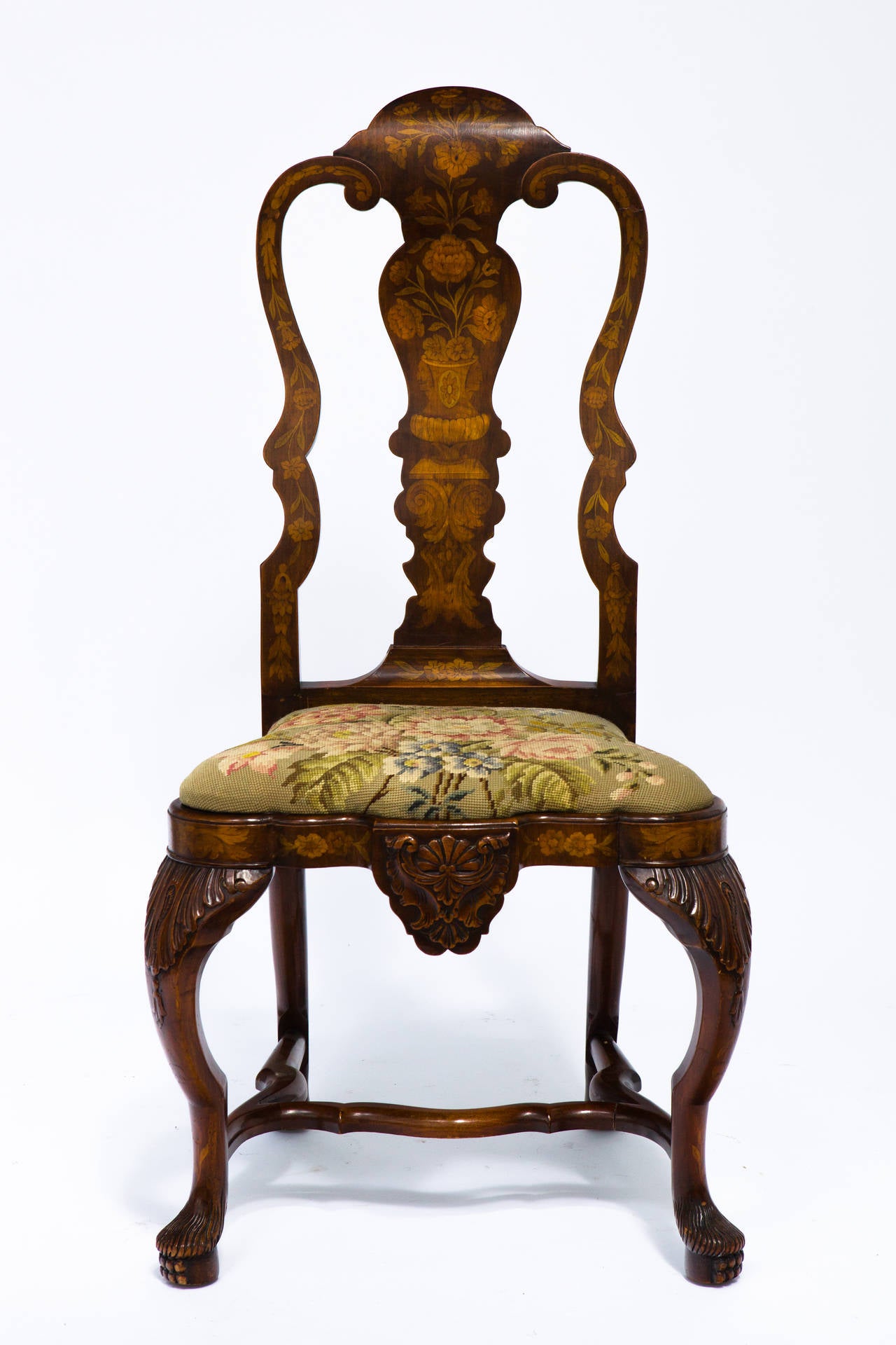 1920s Dutch marquetry side chair with needlepoint seat.