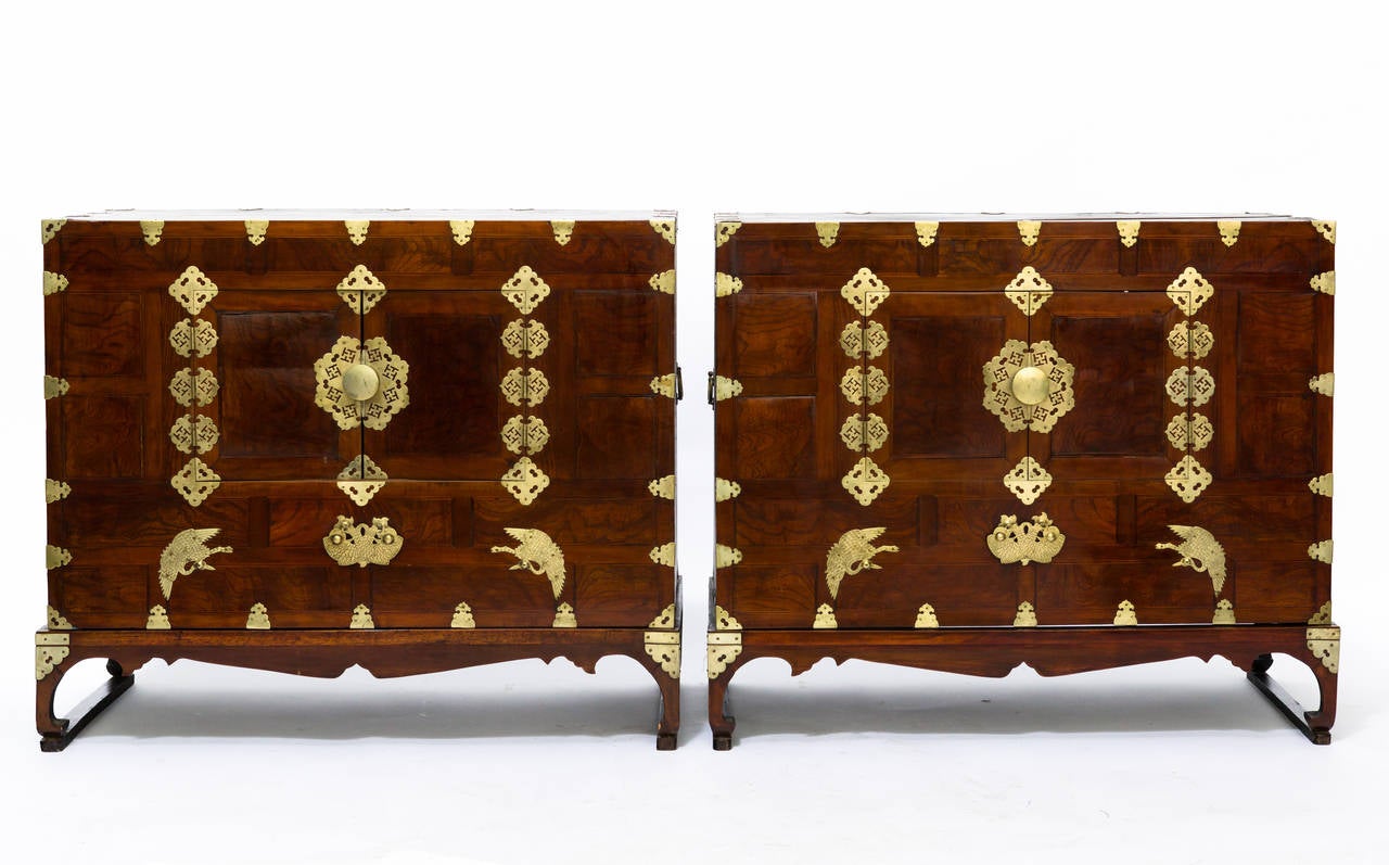 Pair of Korean wood and brass chests.
