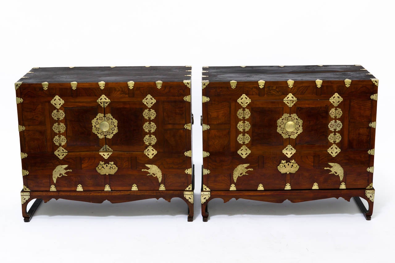 Pair of Korean Wood and Brass Chests In Good Condition In Tarrytown, NY