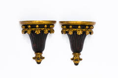 Pair Of Italian Gilt 
Ebonized Wood Wall Brackets/Shelves