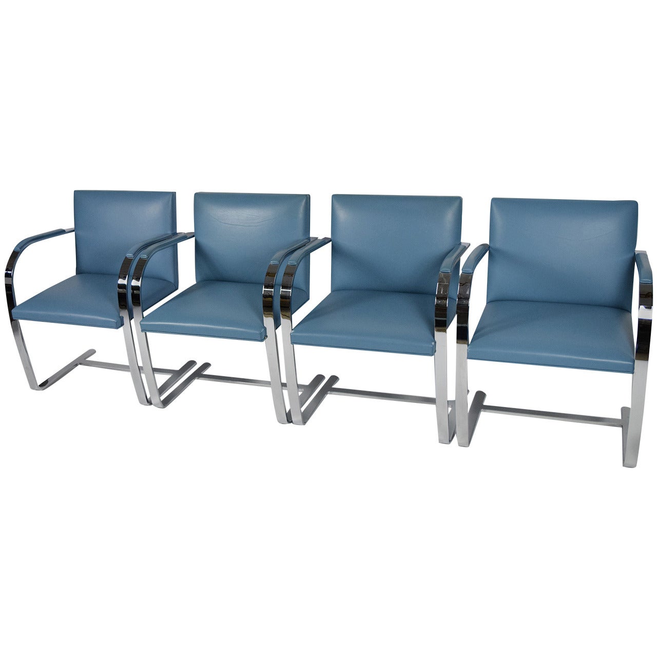 Set of Four Knoll Flat Bar Brno Chairs in Blue Leather