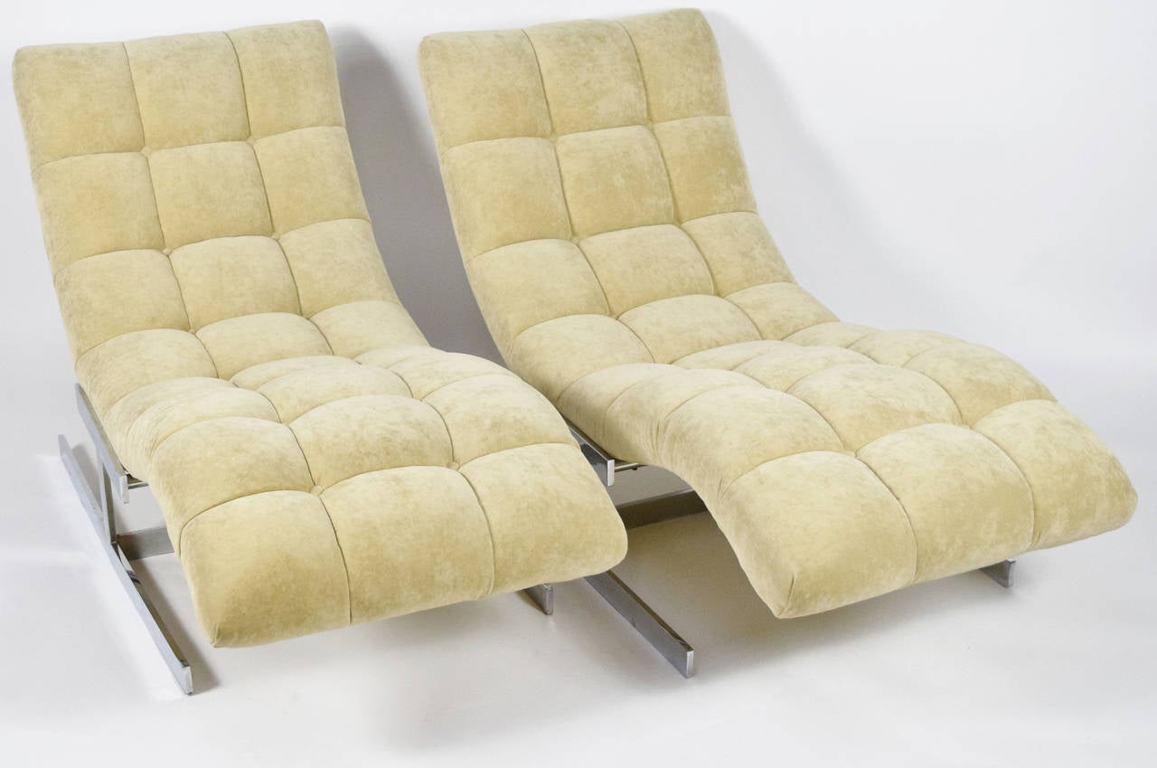 This is an outstanding pair of Milo Baughman chaise lounges. They can be sold individually. The upholstery is in great shape and they are really comfortable. A great look!