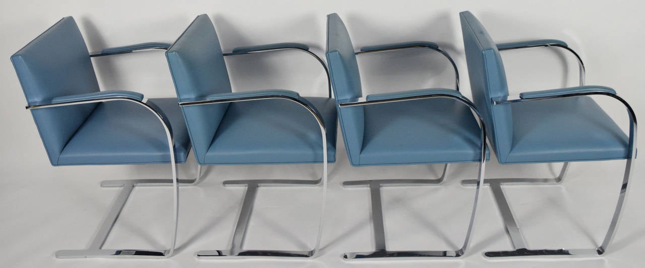 Mid-Century Modern Set of Four Knoll Flat Bar Brno Chairs in Blue Leather