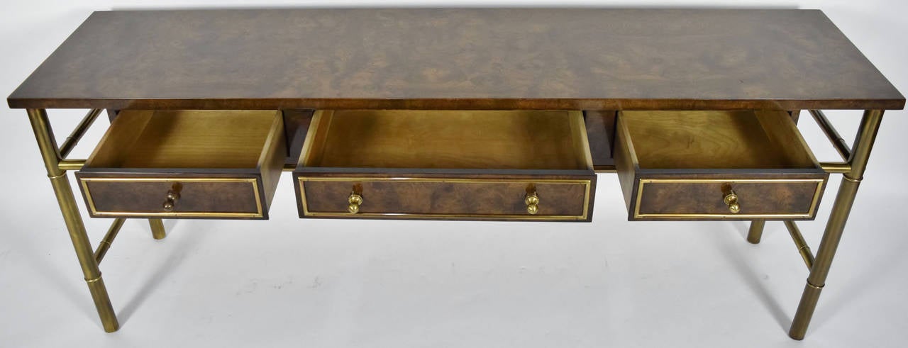 American Mastercraft Burl Wood & Patinated Brass Console Table