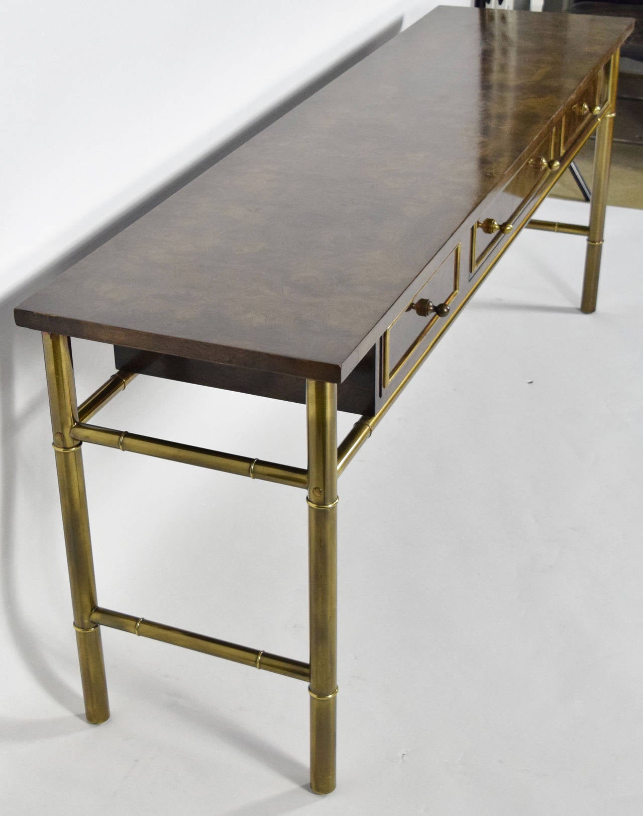 Mid-Century Modern Mastercraft Burl Wood & Patinated Brass Console Table