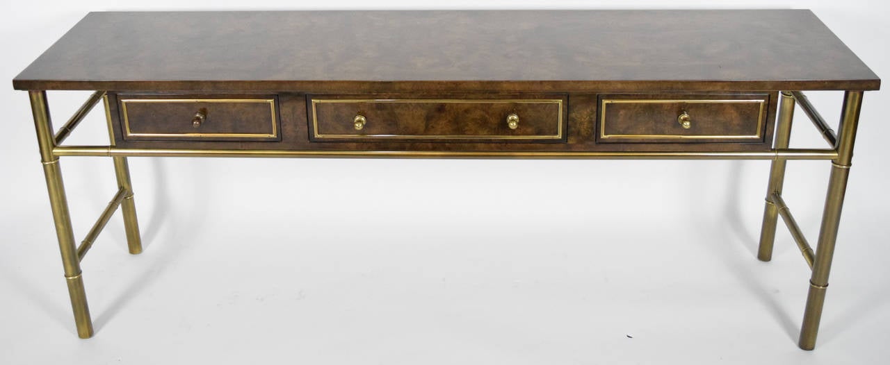Mastercraft burlwood console with patinated brass console table.