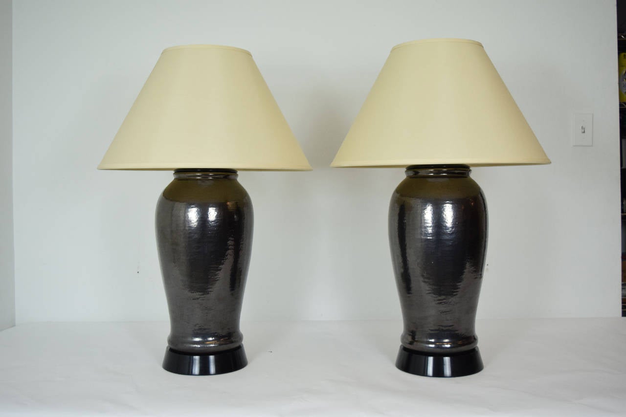 Pair of Large Deep Olive Green Glazed Ceramic Lamps