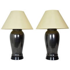 Pair of Large Deep Olive Green Glazed Ceramic Lamps