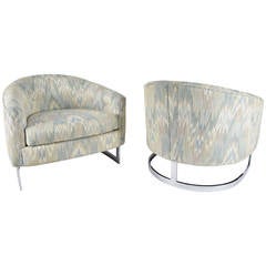 Vintage Pair of Milo Baughman Curved Tub Lounge Chairs with Polished Steel Base