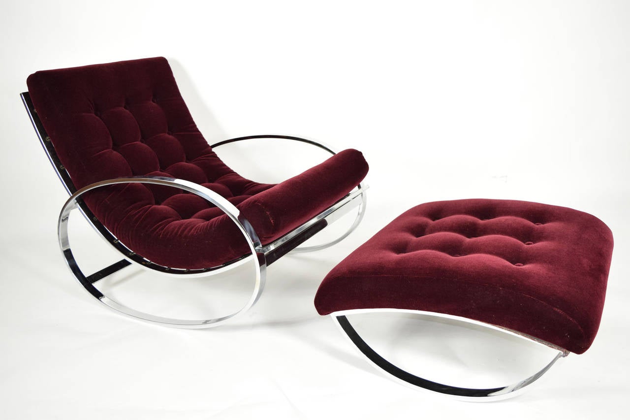 Renato Zevi Ellipse rocker and ottoman with chrome frame and plum colored mohair upholstery