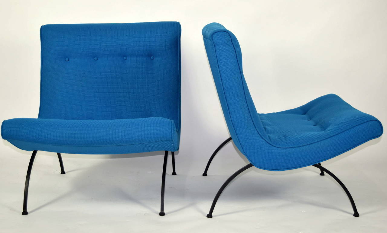 This is a great pair of Milo Baughman Scoop chairs in bright blue Maharam fabric. Chairs look new !!!!