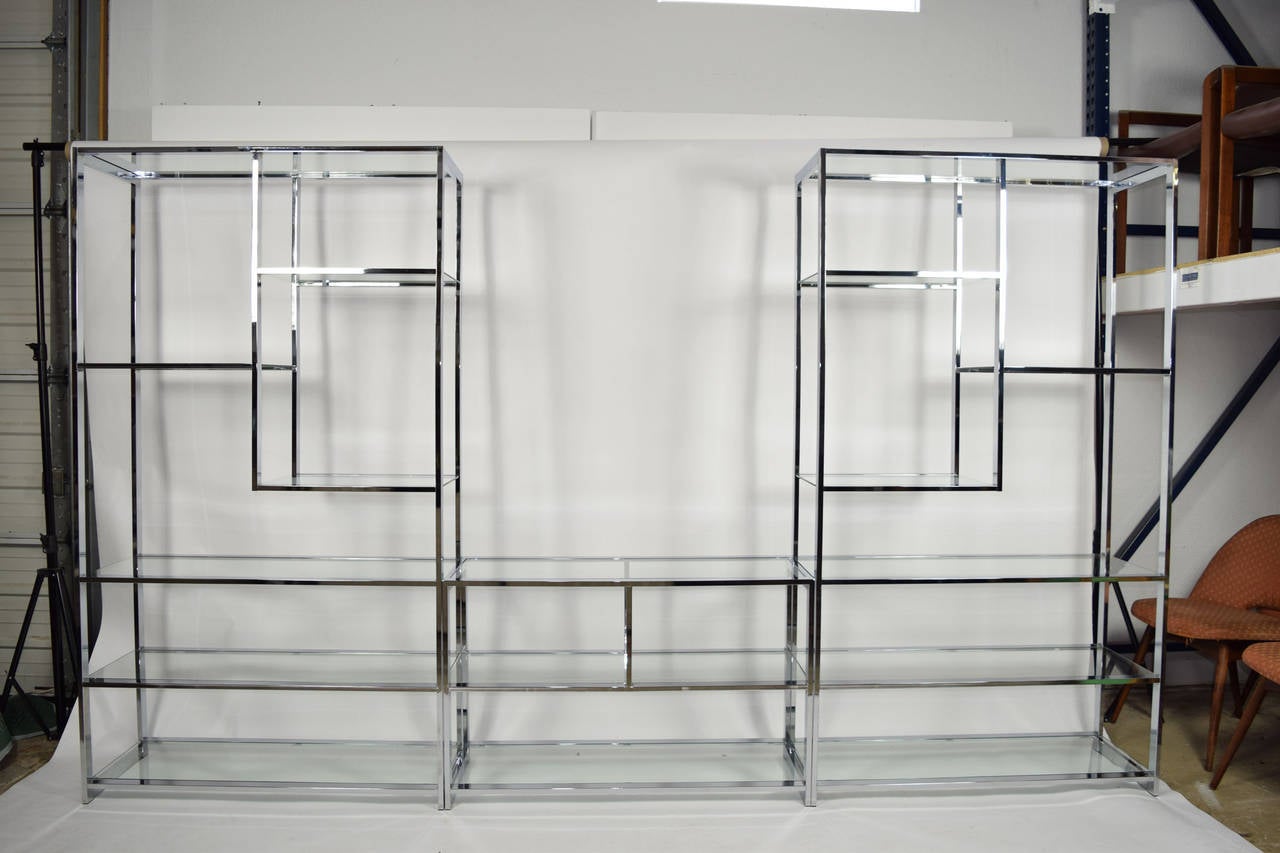 Milo Baughman for Design Institute of America three part chrome and glass etagere.  Use all pieces or just use two.