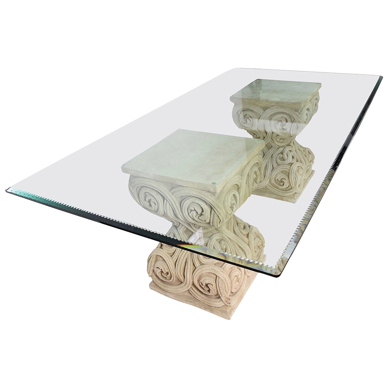 Glass Dining Table with Laser Cut Beaded Edge and Stone Bases at