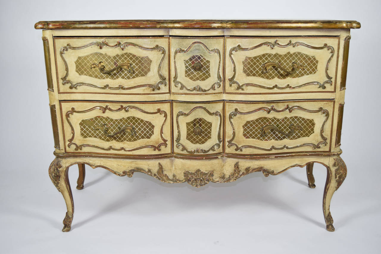 Six drawer antique Italian Rococo style painted commode. Interior has silk lining. Structurally sound. Paint has a nice patina. Blends beautifully with any design. 