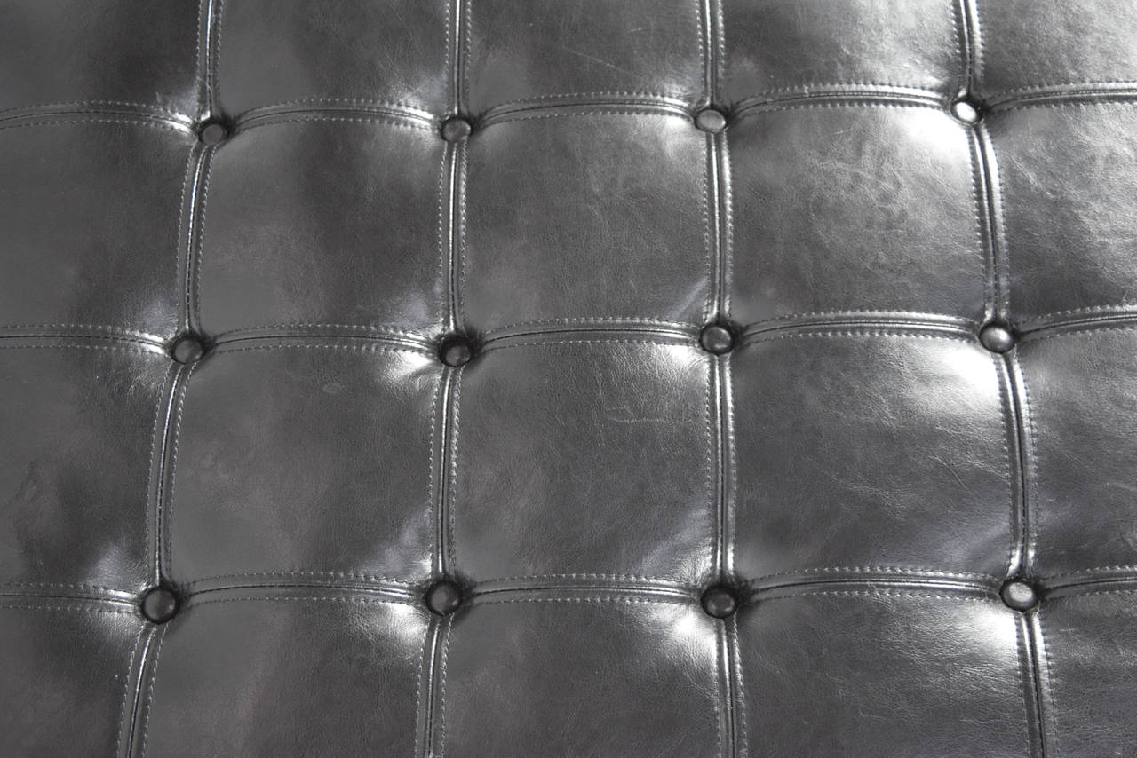 Chrome Milo Baughman Style Black Leather Ottoman