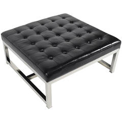 Milo Baughman Style Black Leather Ottoman