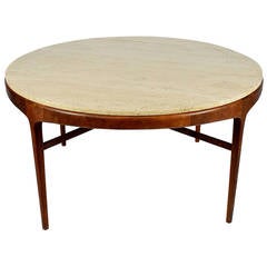 Milo Baughman Style Centerhall Table with Travertine Top
