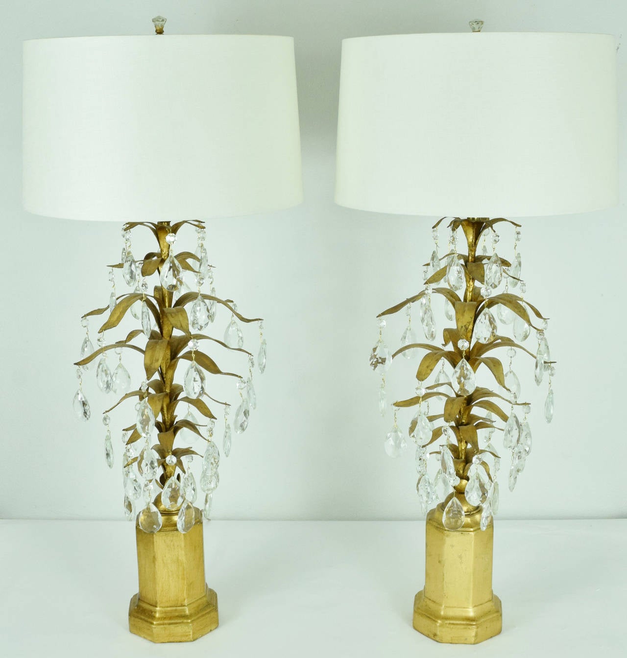 Interesting pair of Italian style gold finish lamps with crystals.