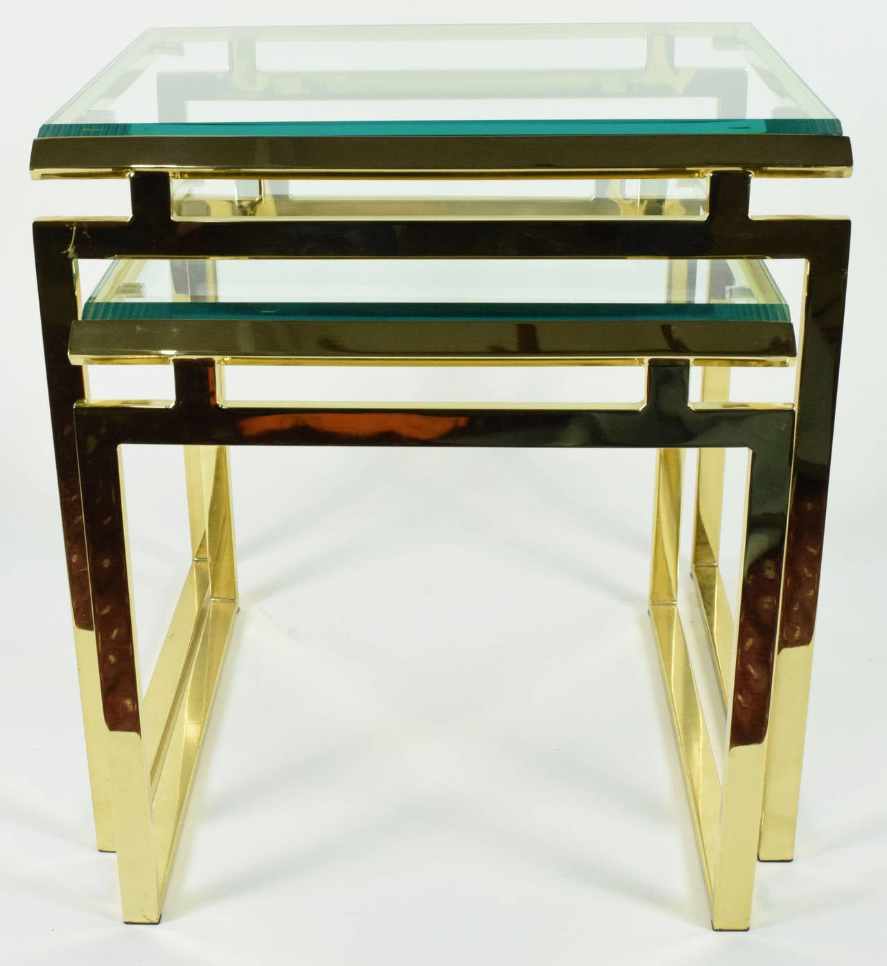 Mid-Century Modern Pair of Brass and Glass Modernist Nesting Tables