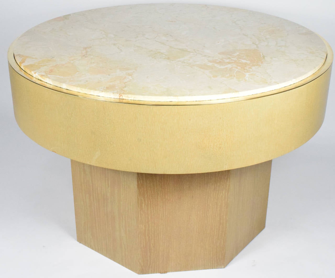 Mid-Century Modern Center Hall Table with Marble Top and Brass Trim, Karl Springer Style