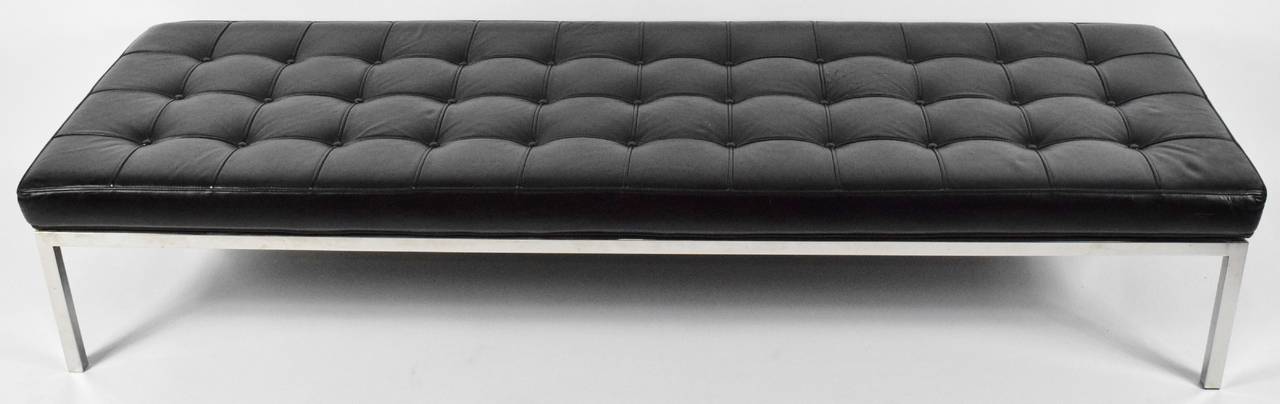 Black Leather tufted bench by brueton , chrome finish. Very good condition.