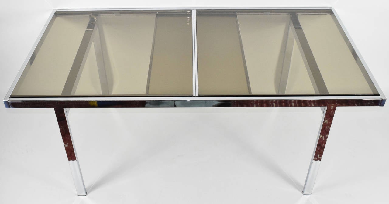 Milo Baughman extension dining table in chrome and smoked glass, 95