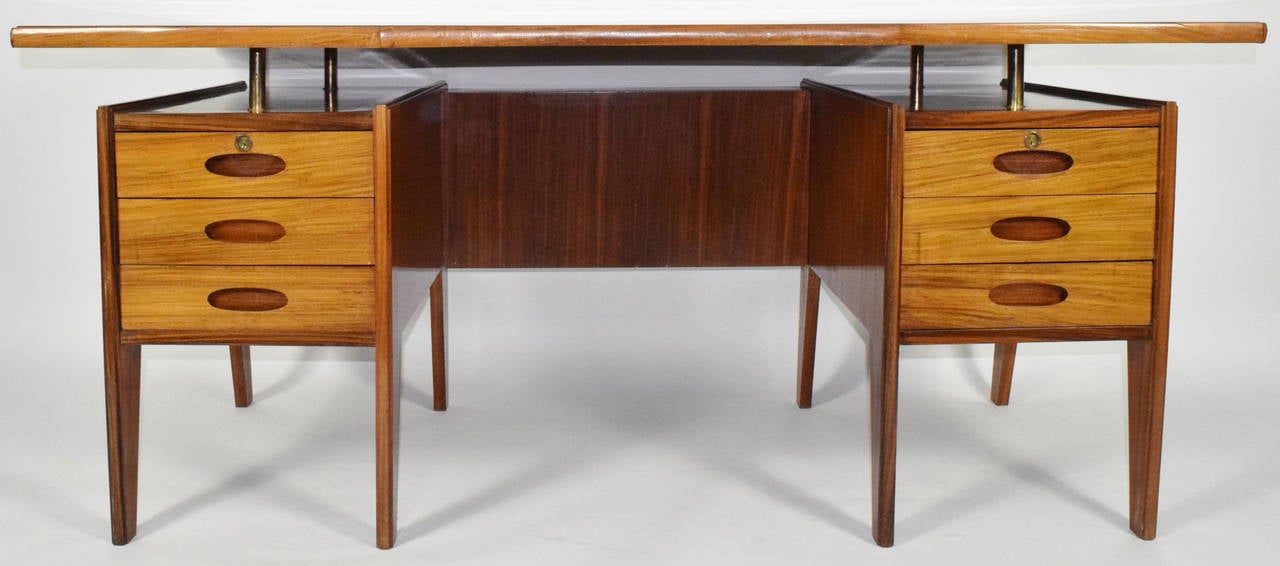 Italian Teak Wood Desk with Red Lucite Inlaid Top