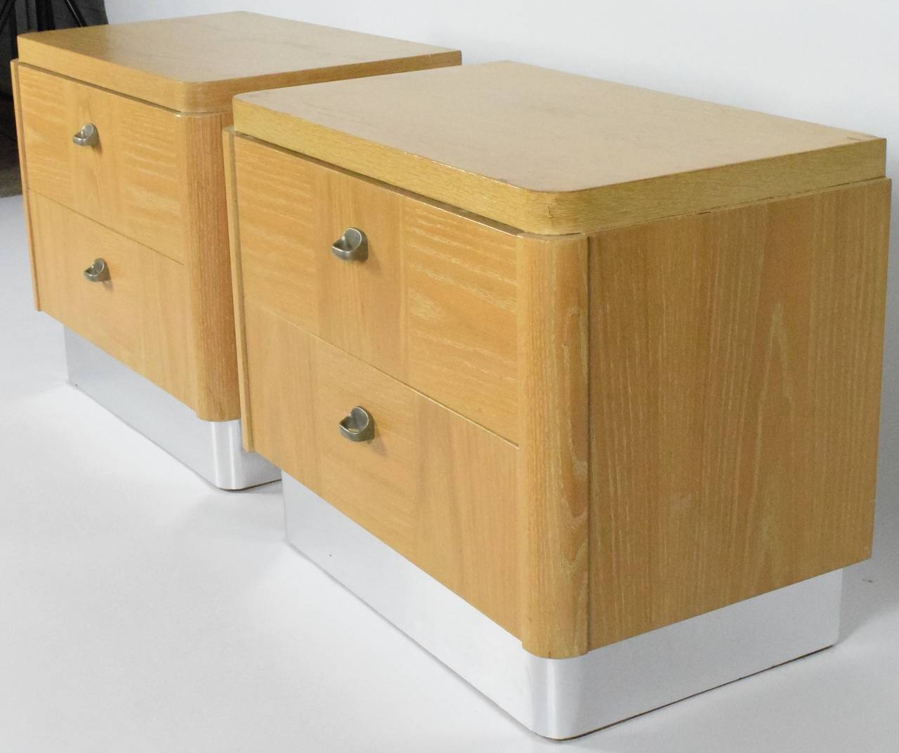 20th Century Pair of Rogier Side Tables or Nightstands in Chrome and Limed Oak