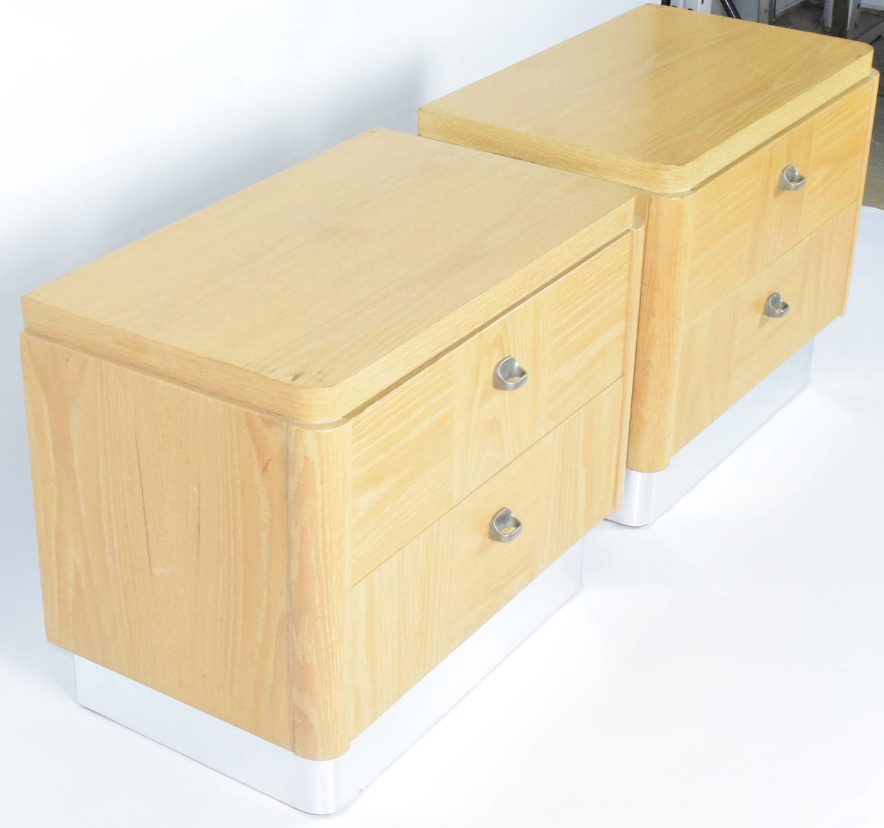 Modern Pair of Rogier Side Tables or Nightstands in Chrome and Limed Oak