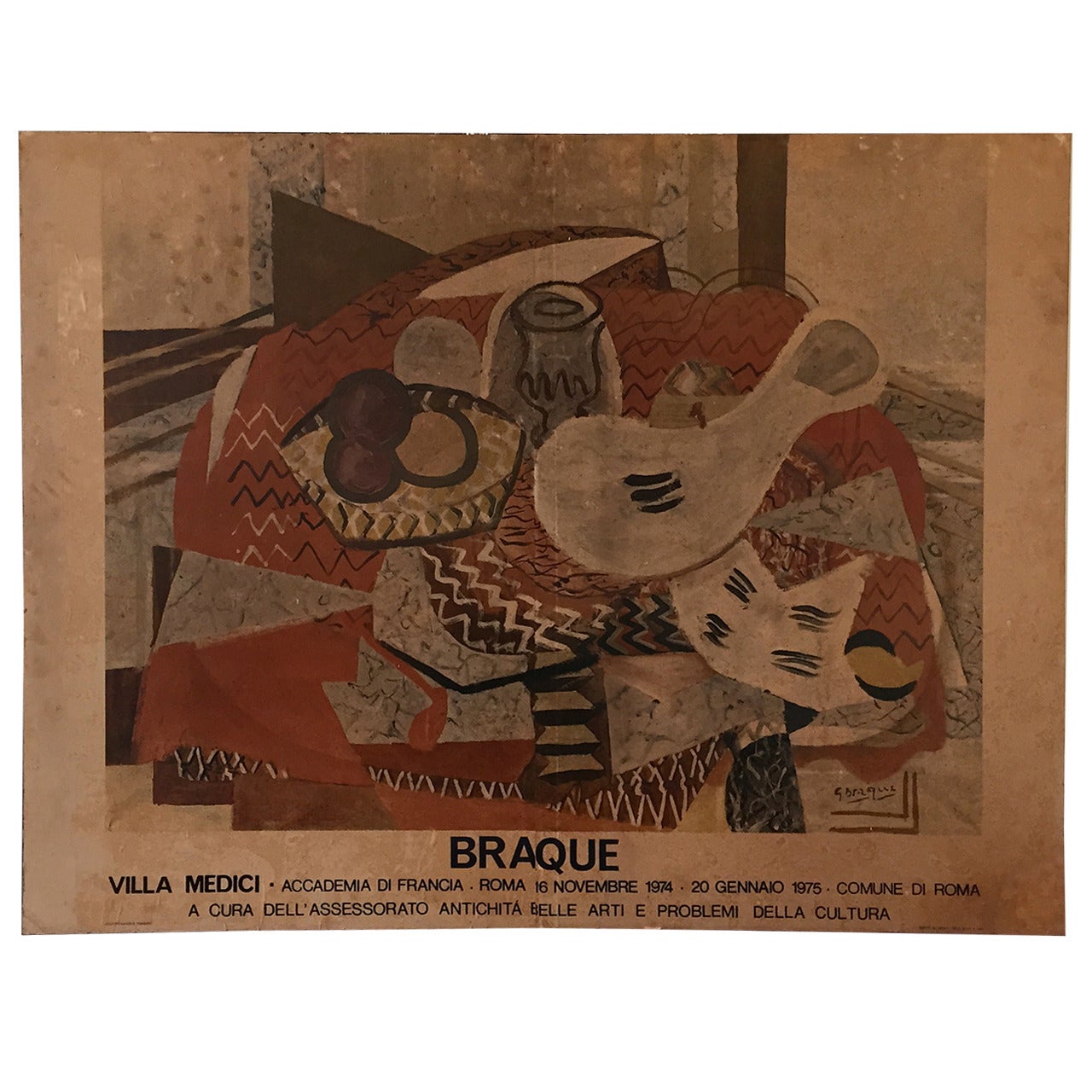 Monumental Vintage Braque Poster 1974-75 Exhibition at Villa Medici in Rome