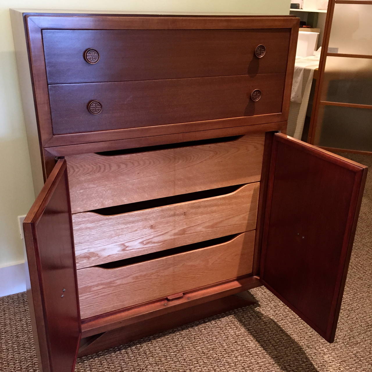 Polished Tall Cuban Mahogany Chest of Drawers in the Style of James Mont For Sale