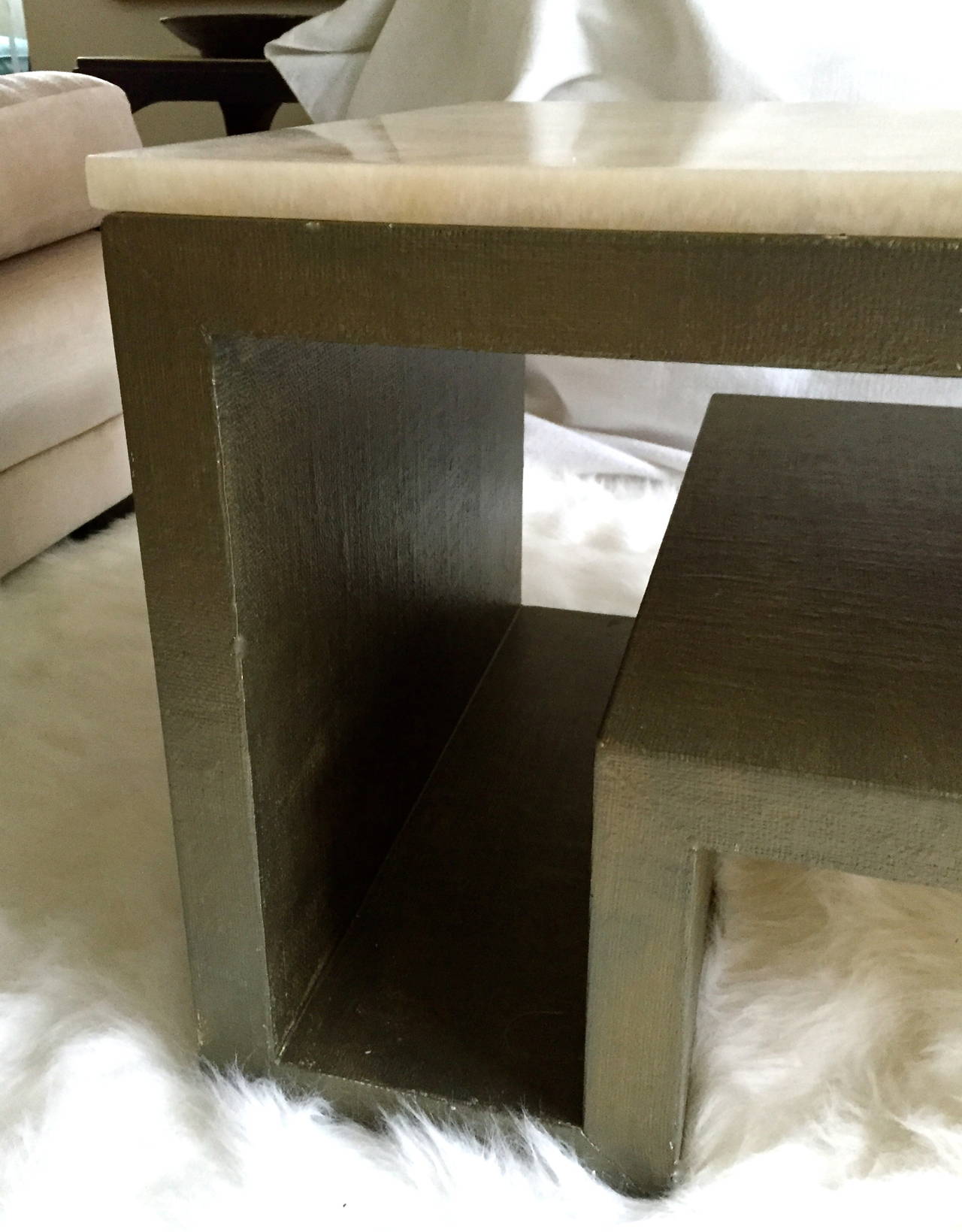 Linen-Wrapped Low Table with Onyx Top in the Style of Paul Frankl In Excellent Condition In Quogue, NY