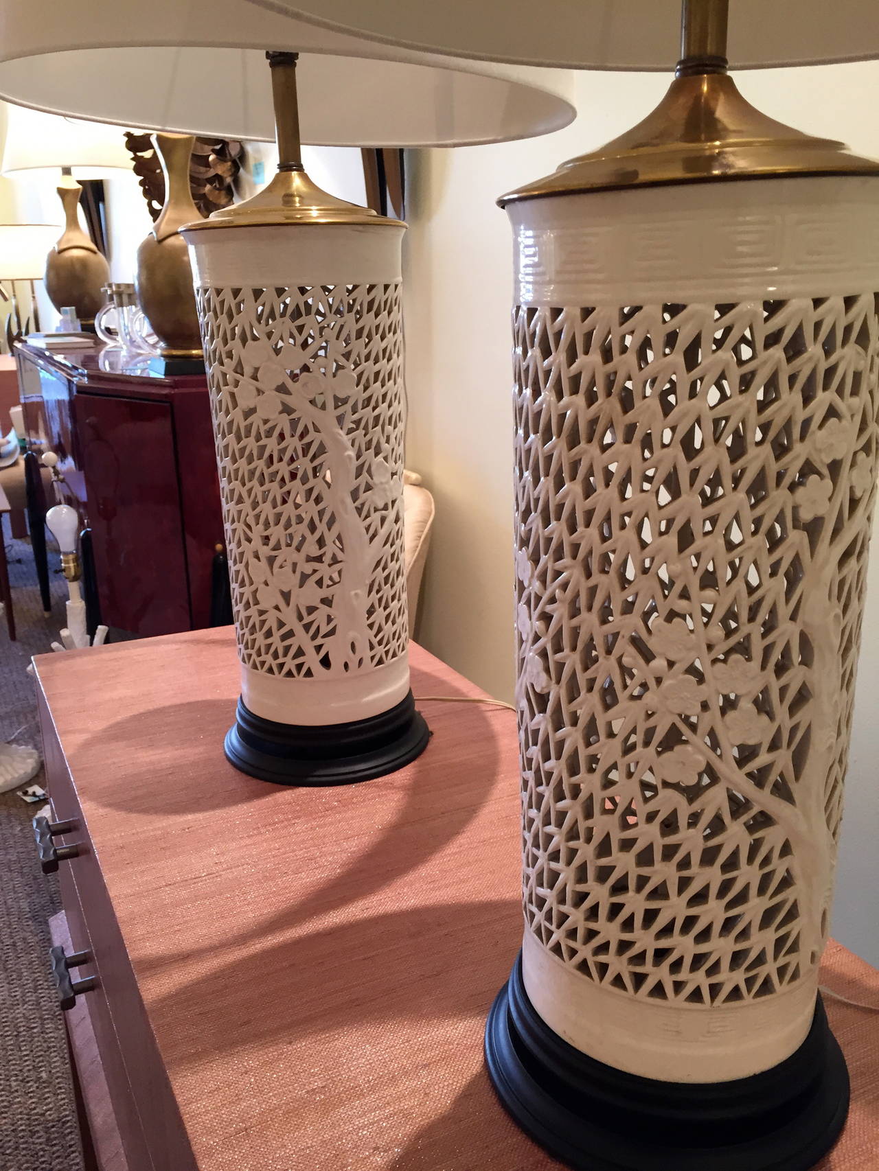 American Pair of Blanc de Chine Pierced Porcelain Table Lamps