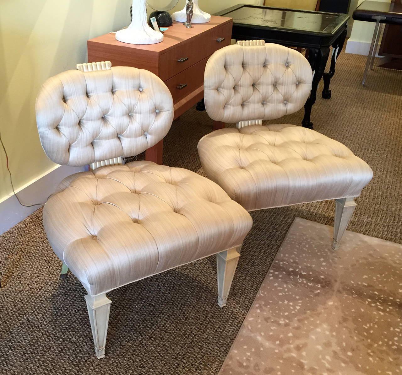 Pair of Grosfeld House Tufted Slipper Chairs For Sale 2