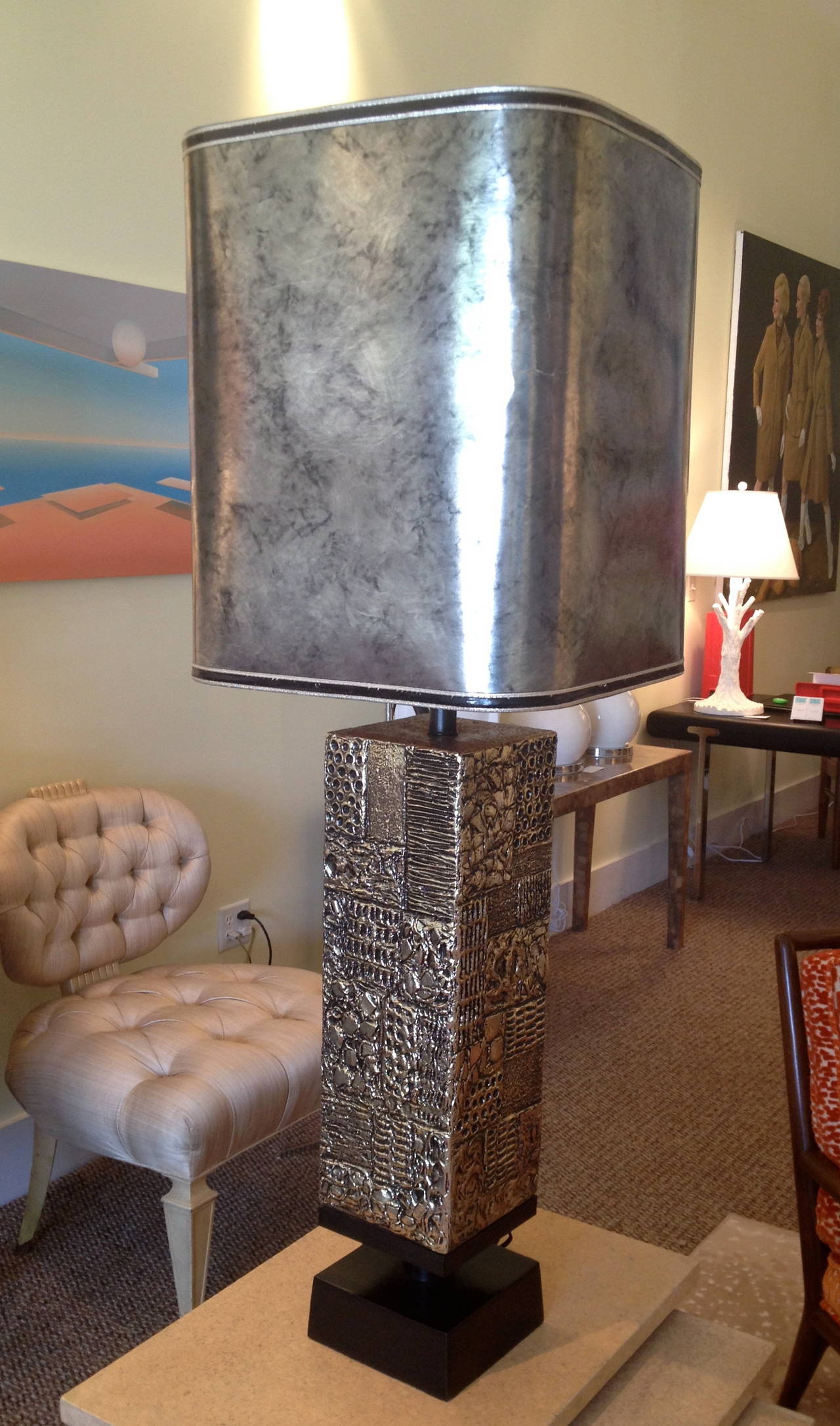 American Monumental Brutalist Table Lamp in the Style of Paul Evans with Original Shade