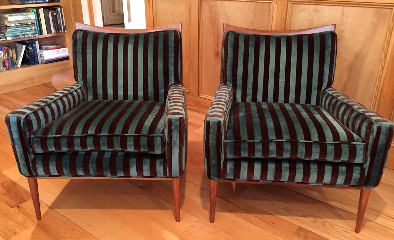 These classic Paul McCobb chairs are in excellent original condition, including the striped velvet fabric. 

Please contact us directly for shipping options.