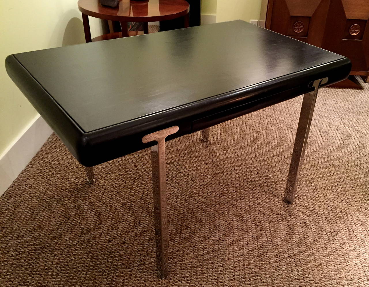 Black Leather and Stainless Steel Desk by John Mascheroni