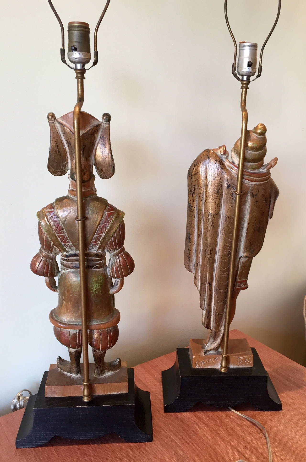 Brass Pair of Asian Inspired Carved Wood Table Lamps by Stasack For Sale
