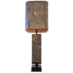 Monumental Brutalist Table Lamp in the Style of Paul Evans with Original Shade