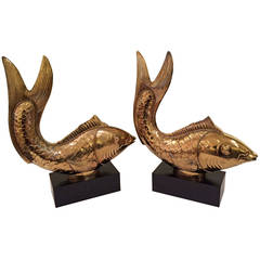 Pair of Huge Brass Sculptured Goldfish on Stands in the Style of Chapman