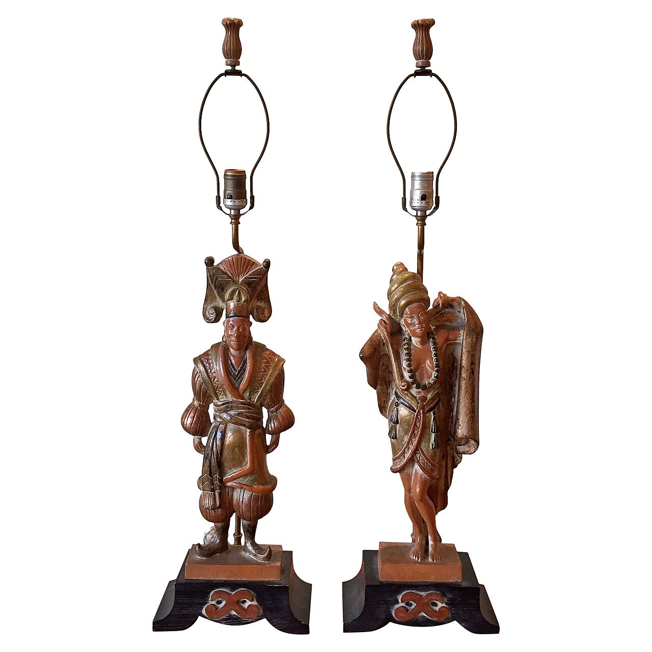Pair of Asian Inspired Carved Wood Table Lamps by Stasack For Sale