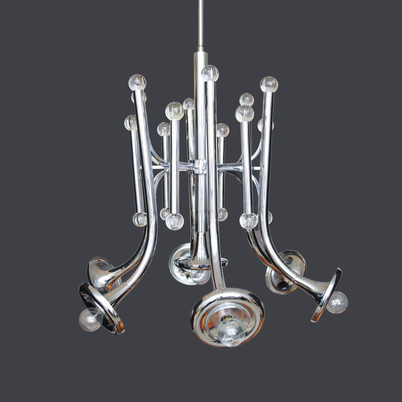 Impressive large Italian chrome and glass trumpet chandelier by Gaetano Sciolari from the 1960s.