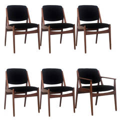 Arne Vodder for Vamo Dining Chairs Upholstered in Black Mohair